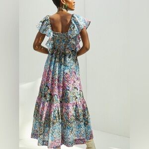 Anthropologie eyelet ruffle Floral Somerset Maxi Dress Blue and Pink